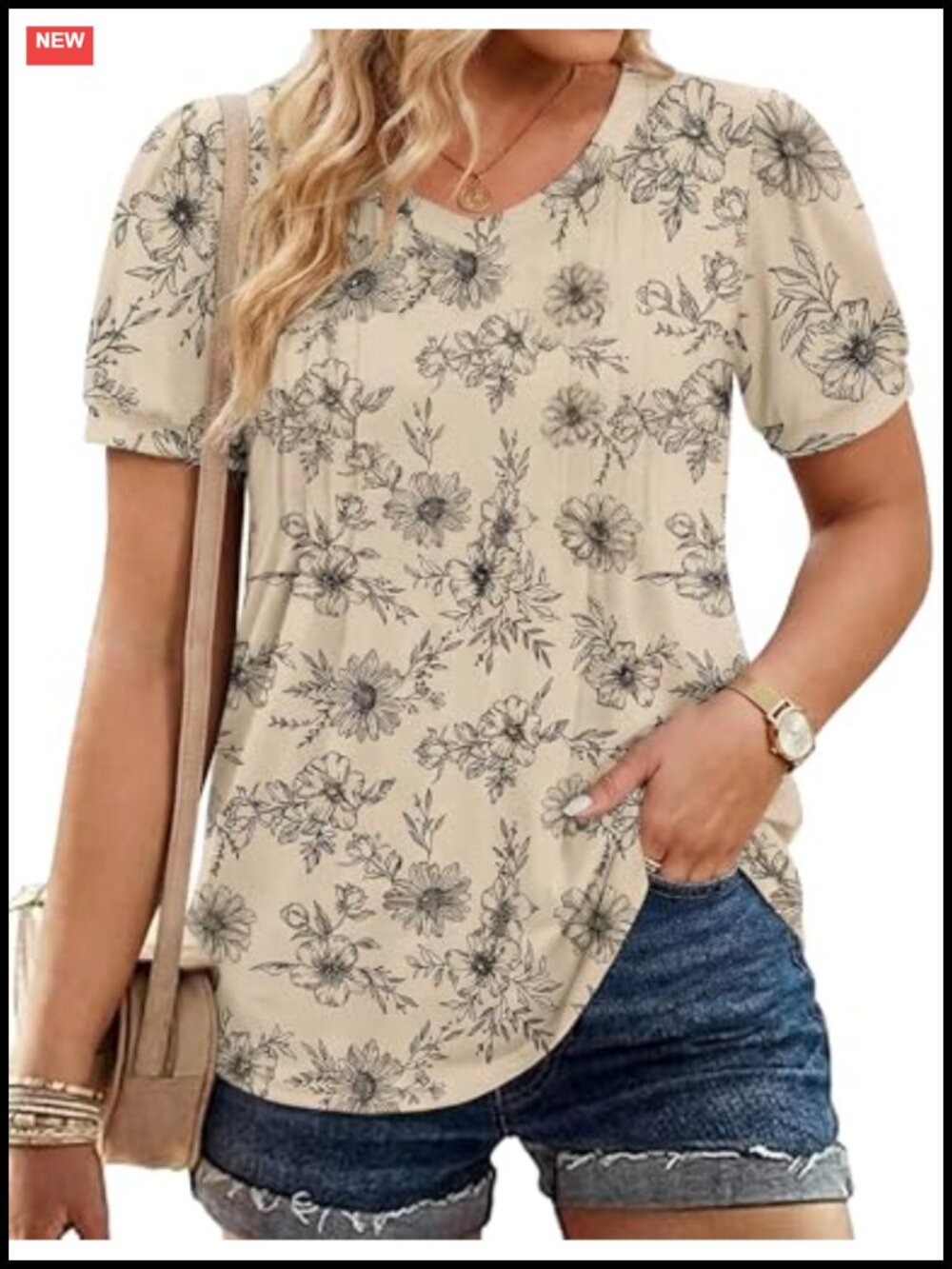 Plus Size Puff Short Sleeve V Neck Pleated Tunic Top Flowy Summer